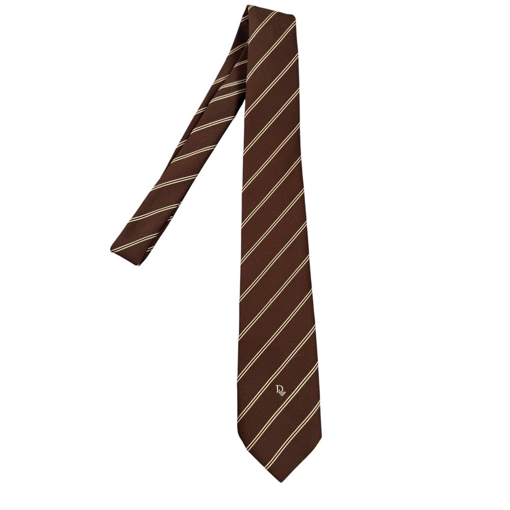 Christian Dior Necktie Brown Gold Stripe Silk Blend Vintage 56"
